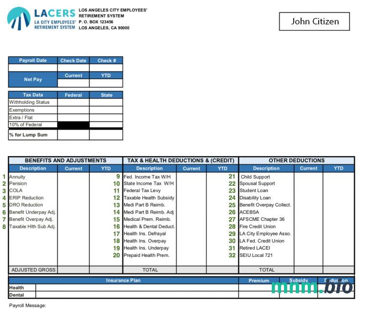 System emerytalny pracowników USA LA CITY paystub w formatach Word i PDF